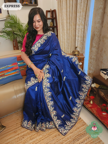 Zynah Royal Blue Pure Bangalori Silk Saree With Hand Embellished Sequins, Pearl & Pita Work; Custom Stitched/Ready-made Blouse, Fall, Petticoat; SKU: 2602202501