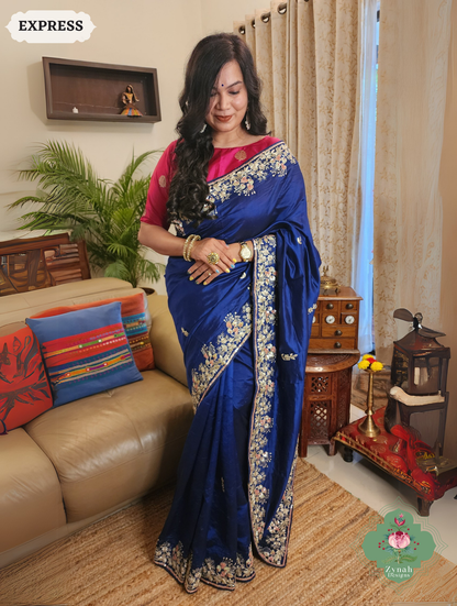 Zynah Royal Blue Pure Bangalori Silk Saree With Hand Embellished Sequins, Pearl & Pita Work; Custom Stitched/Ready-made Blouse, Fall, Petticoat; SKU: 2602202501