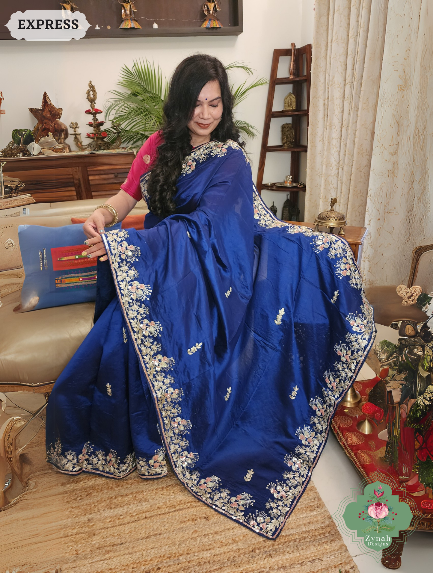 Zynah Royal Blue Pure Bangalori Silk Saree With Hand Embellished Sequins, Pearl & Pita Work; Custom Stitched/Ready-made Blouse, Fall, Petticoat; SKU: 2602202501