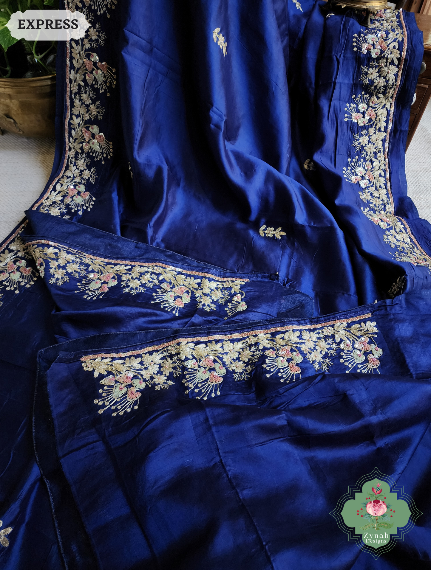 Zynah Royal Blue Pure Bangalori Silk Saree With Hand Embellished Sequins, Pearl & Pita Work; Custom Stitched/Ready-made Blouse, Fall, Petticoat; SKU: 2602202501