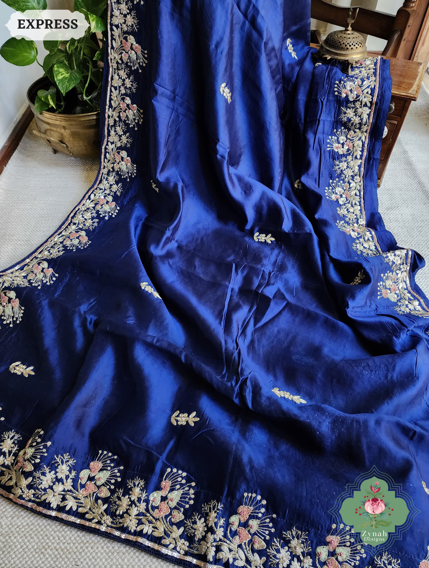 Zynah Royal Blue Pure Bangalori Silk Saree With Hand Embellished Sequins, Pearl & Pita Work; Custom Stitched/Ready-made Blouse, Fall, Petticoat; SKU: 2602202501