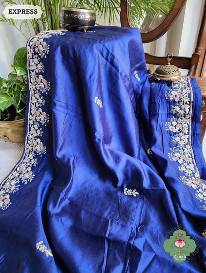 Zynah Royal Blue Pure Bangalori Silk Saree With Hand Embellished Sequins, Pearl & Pita Work; Custom Stitched/Ready-made Blouse, Fall, Petticoat; SKU: 2602202501