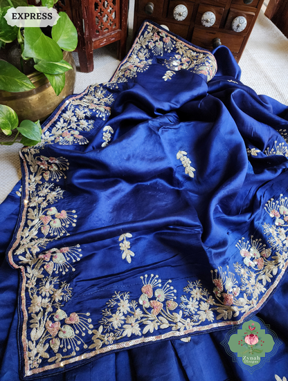 Zynah Royal Blue Pure Bangalori Silk Saree With Hand Embellished Sequins, Pearl & Pita Work; Custom Stitched/Ready-made Blouse, Fall, Petticoat; SKU: 2602202501