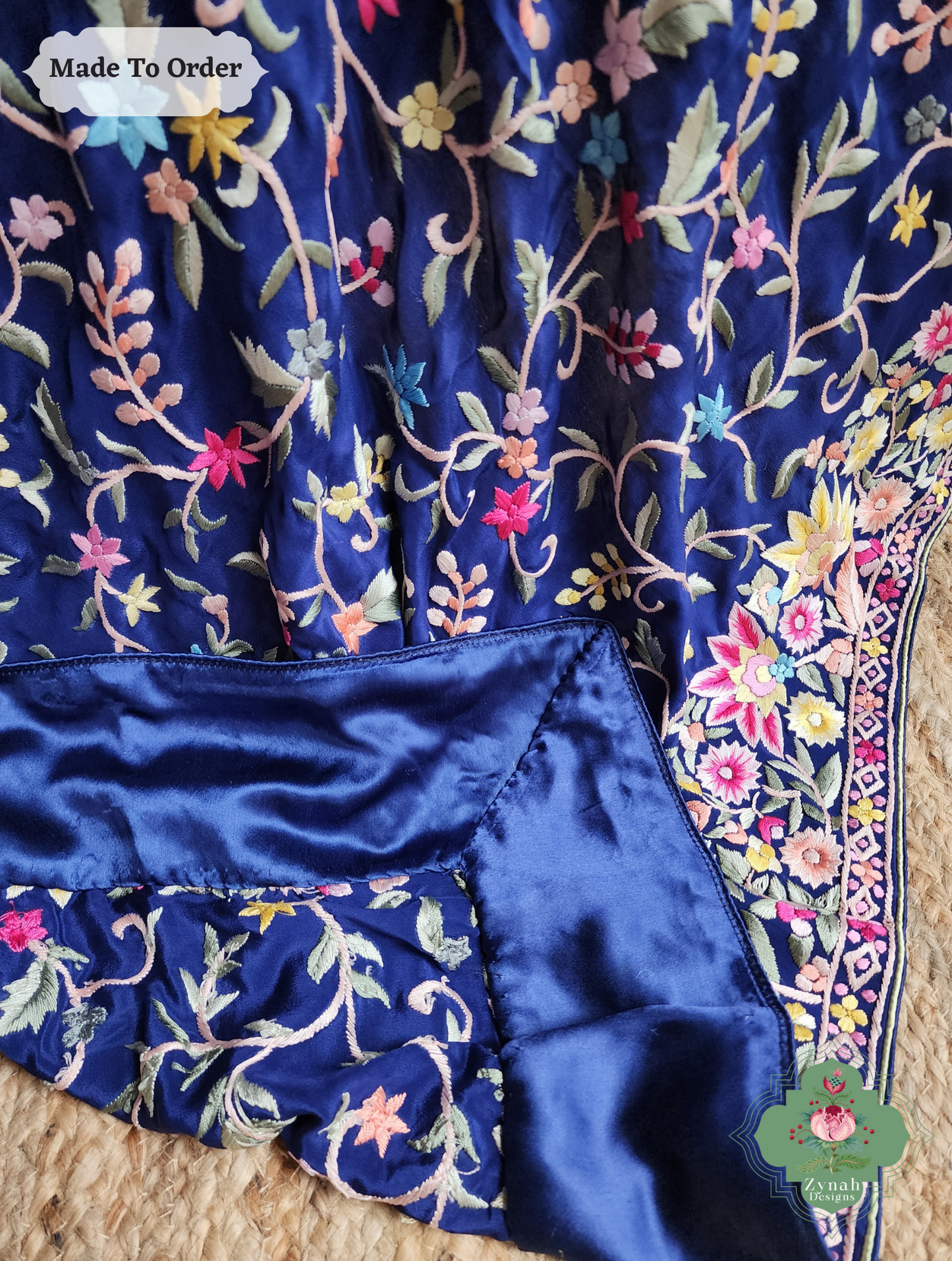 Zynah Made To Order Blue Pure Crepe Silk Hand Embroidered Authentic Parsi Gara Saree; Custom Stitched/Ready-made Blouse, Fall, Petticoat; SKU: 2008202504