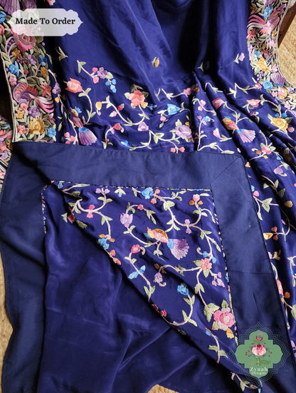 Zynah Neel Pari Gara – Blue Pure Crepe Silk Hand Embroidered Authentic Parsi Gara Saree