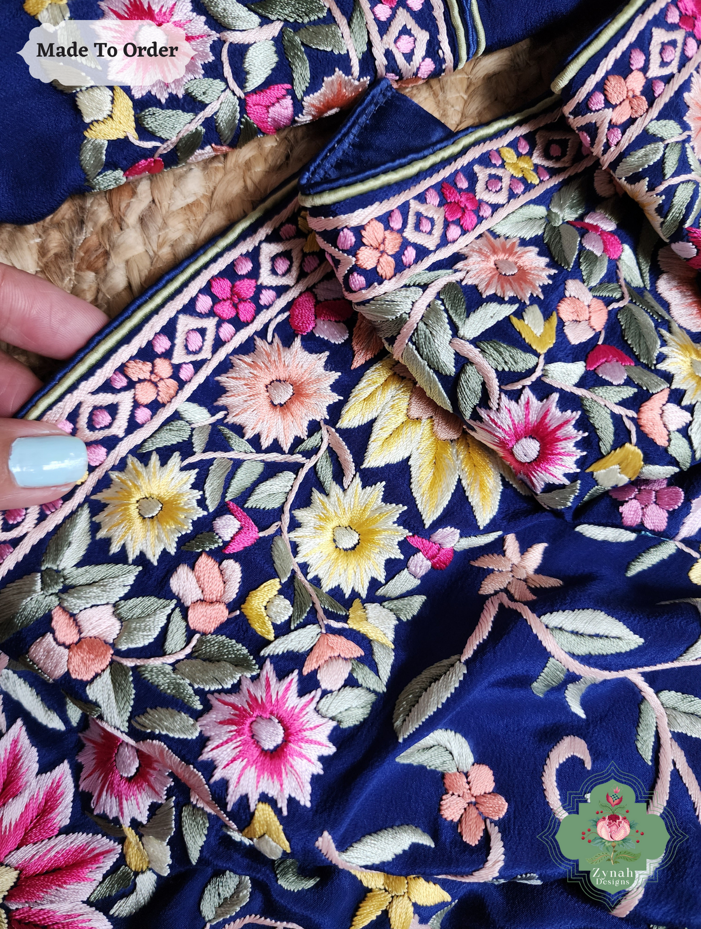 Zynah Made To Order Blue Pure Crepe Silk Hand Embroidered Authentic Parsi Gara Saree; Custom Stitched/Ready-made Blouse, Fall, Petticoat; SKU: 2008202504