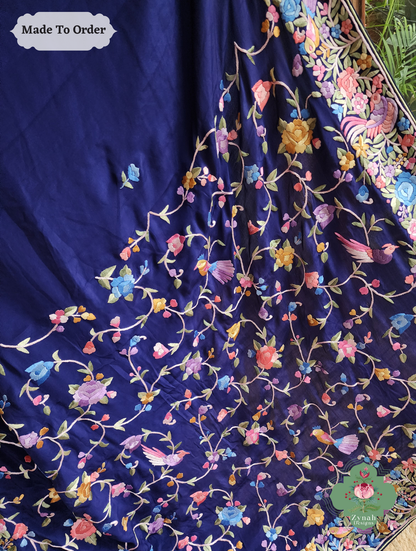 Zynah Neel Pari Gara – Blue Pure Crepe Silk Hand Embroidered Authentic Parsi Gara Saree