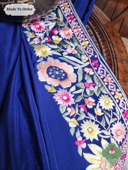 Zynah Made To Order Blue Pure Crepe Silk Hand Embroidered Authentic Parsi Gara Saree; Custom Stitched/Ready-made Blouse, Fall, Petticoat; SKU: 2008202504