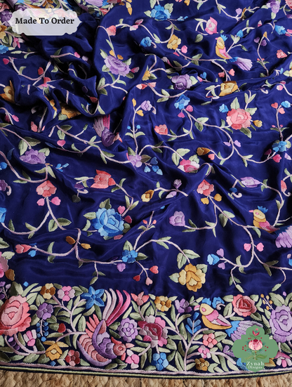 Zynah Neel Pari Gara – Blue Pure Crepe Silk Hand Embroidered Authentic Parsi Gara Saree