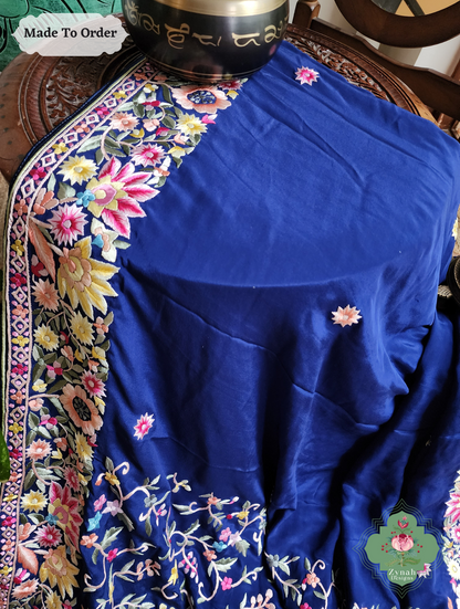 Zynah Made To Order Blue Pure Crepe Silk Hand Embroidered Authentic Parsi Gara Saree; Custom Stitched/Ready-made Blouse, Fall, Petticoat; SKU: 2008202504