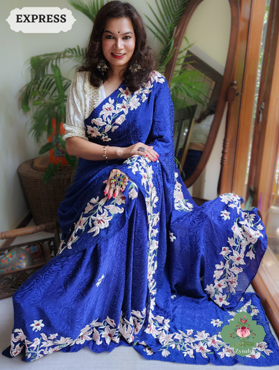 Vintage Blue Crepe Silk Saree: Designer Gara Embroidery, floral border. Timeless elegance!