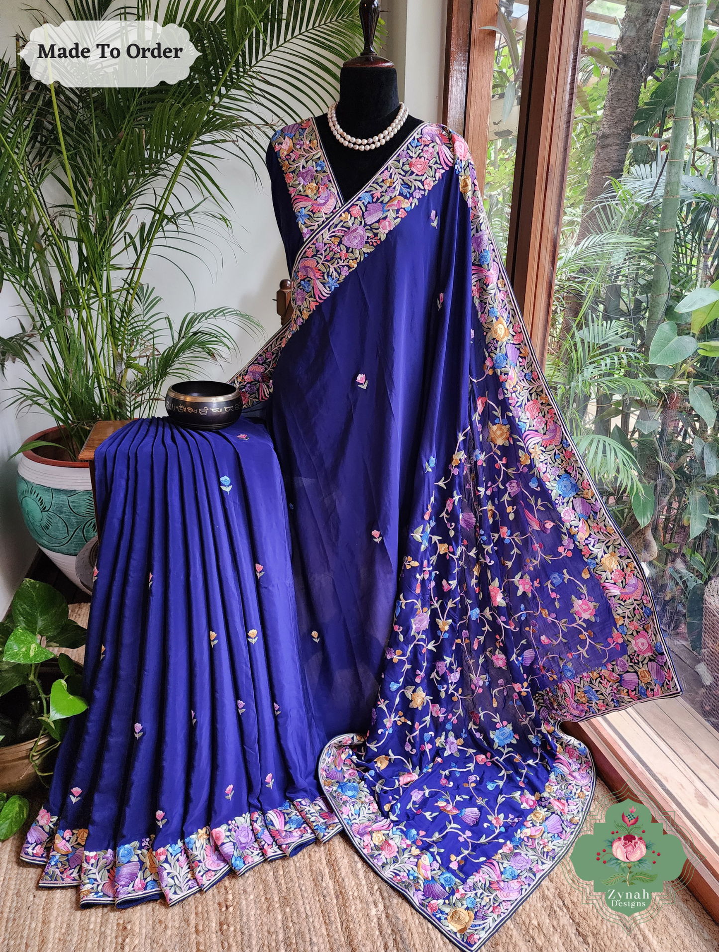 Zynah Neel Pari Gara – Blue Pure Crepe Silk Hand Embroidered Authentic Parsi Gara Saree