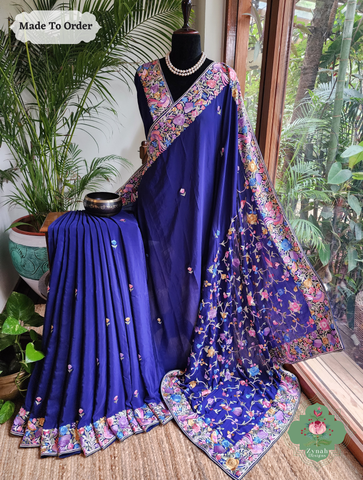 Zynah Made To Order Blue Pure Crepe Silk Hand Embroidered Authentic Parsi Gara Saree; Custom Stitched/Ready-made Blouse, Fall, Petticoat; SKU: 1109202506