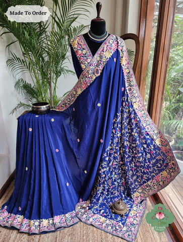 Zynah Made To Order Blue Pure Crepe Silk Hand Embroidered Authentic Parsi Gara Saree; Custom Stitched/Ready-made Blouse, Fall, Petticoat; SKU: 2008202504