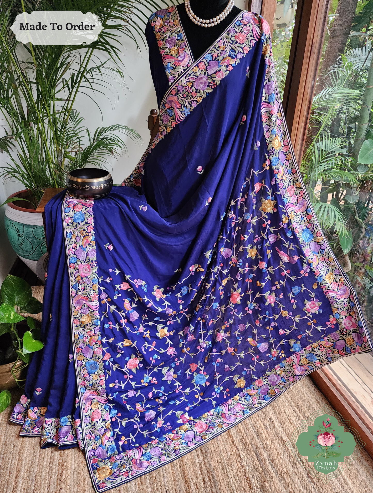 Zynah Neel Pari Gara – Blue Pure Crepe Silk Hand Embroidered Authentic Parsi Gara Saree