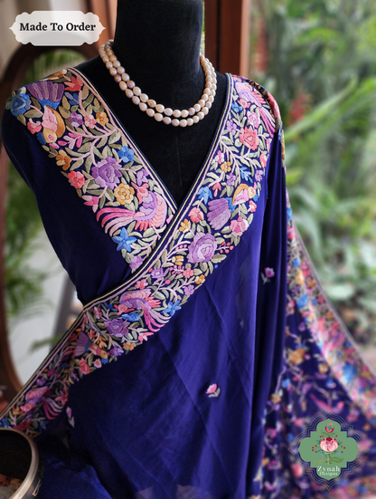 Zynah Neel Pari Gara – Blue Pure Crepe Silk Hand Embroidered Authentic Parsi Gara Saree
