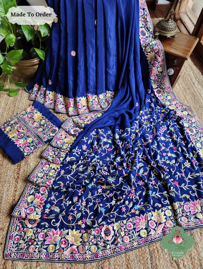 Zynah Made To Order Blue Pure Crepe Silk Hand Embroidered Authentic Parsi Gara Saree; Custom Stitched/Ready-made Blouse, Fall, Petticoat; SKU: 2008202504