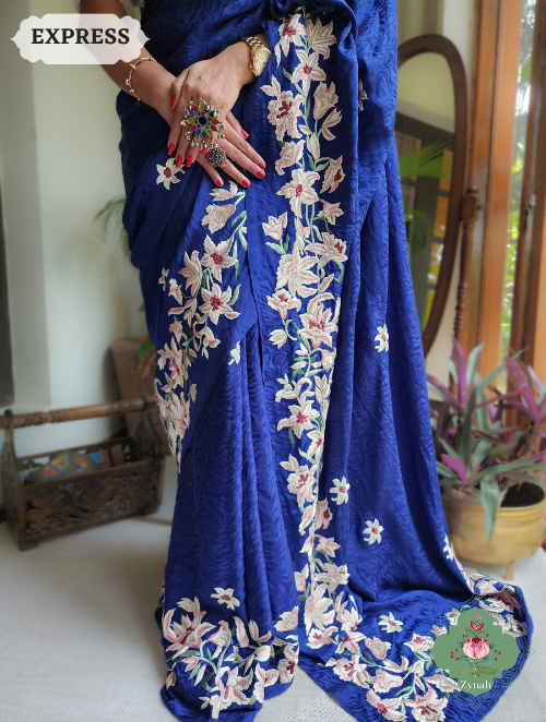 Zynah Blue Pure Crepe Satin Silk Self-Design Parsi Gara Saree With Designer Gara Embroidery on Pallu & Floral Vine Border; Custom Stitched/Ready-made Blouse, Fall, Petticoat; SKU: 0106202301