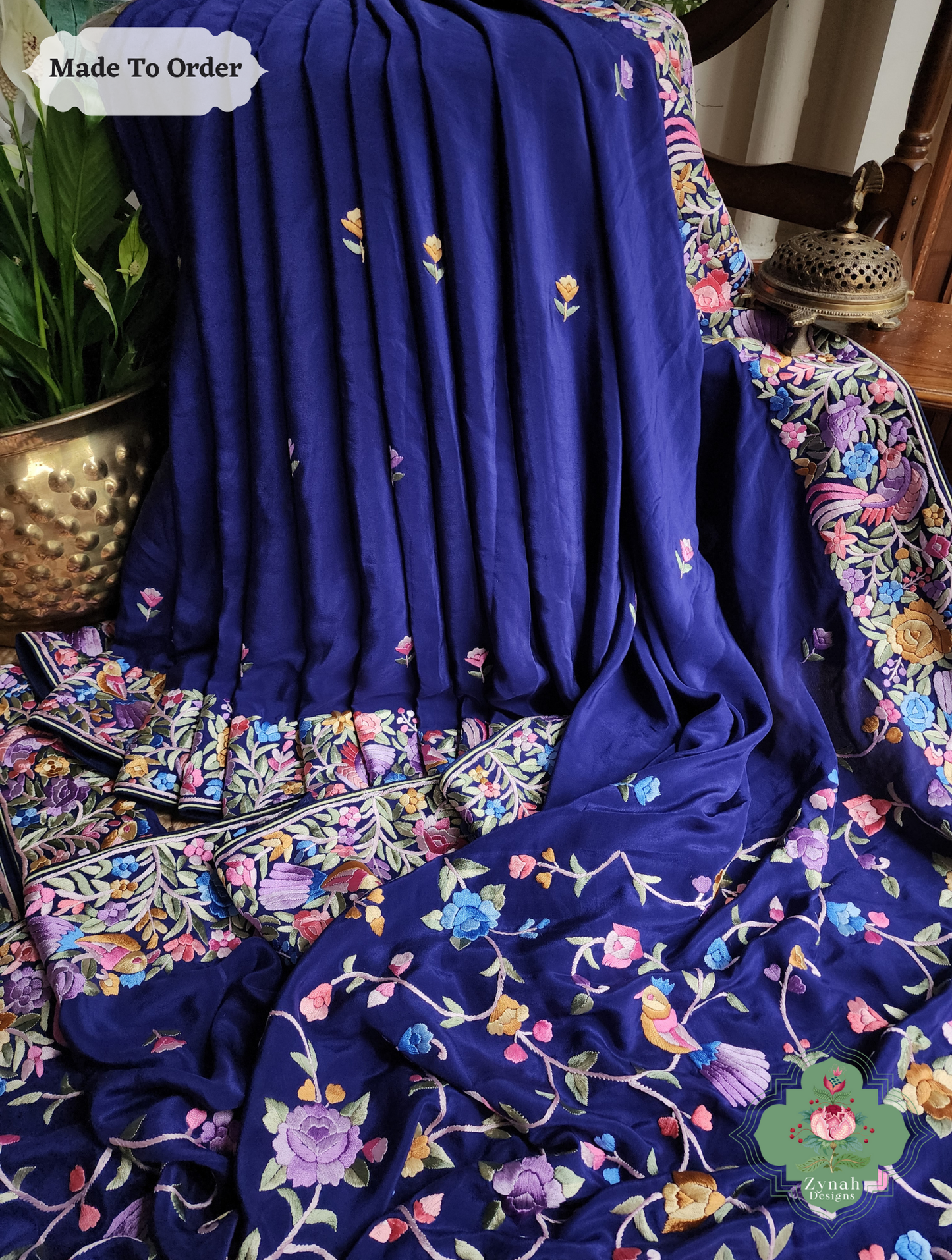 Zynah Neel Pari Gara – Blue Pure Crepe Silk Hand Embroidered Authentic Parsi Gara Saree
