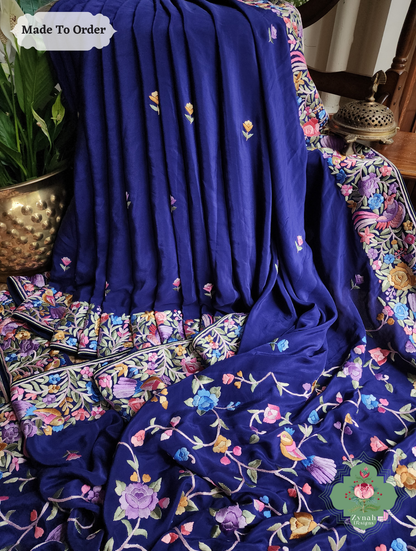 Zynah Neel Pari Gara – Blue Pure Crepe Silk Hand Embroidered Authentic Parsi Gara Saree