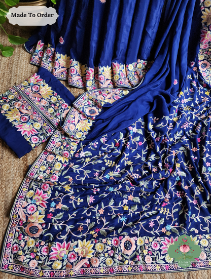 Zynah Made To Order Blue Pure Crepe Silk Hand Embroidered Authentic Parsi Gara Saree; Custom Stitched/Ready-made Blouse, Fall, Petticoat; SKU: 2008202504