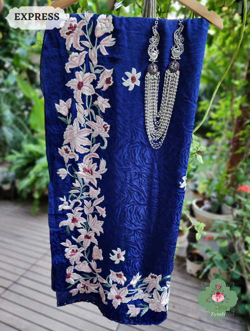 Zynah Blue Pure Crepe Satin Silk Self-Design Parsi Gara Saree With Designer Gara Embroidery on Pallu & Floral Vine Border; Custom Stitched/Ready-made Blouse, Fall, Petticoat; SKU: 0106202301