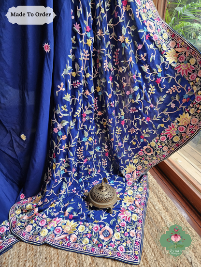 Zynah Made To Order Blue Pure Crepe Silk Hand Embroidered Authentic Parsi Gara Saree; Custom Stitched/Ready-made Blouse, Fall, Petticoat; SKU: 2008202504
