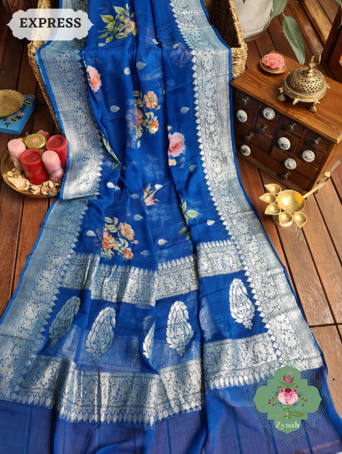 Zynah Blue Pure Khaddi Georgette Floral Banarasi Saree With Silver Zari; Custom Stitched/Ready-made Blouse, Fall, Petticoat; SKU: 2804202302