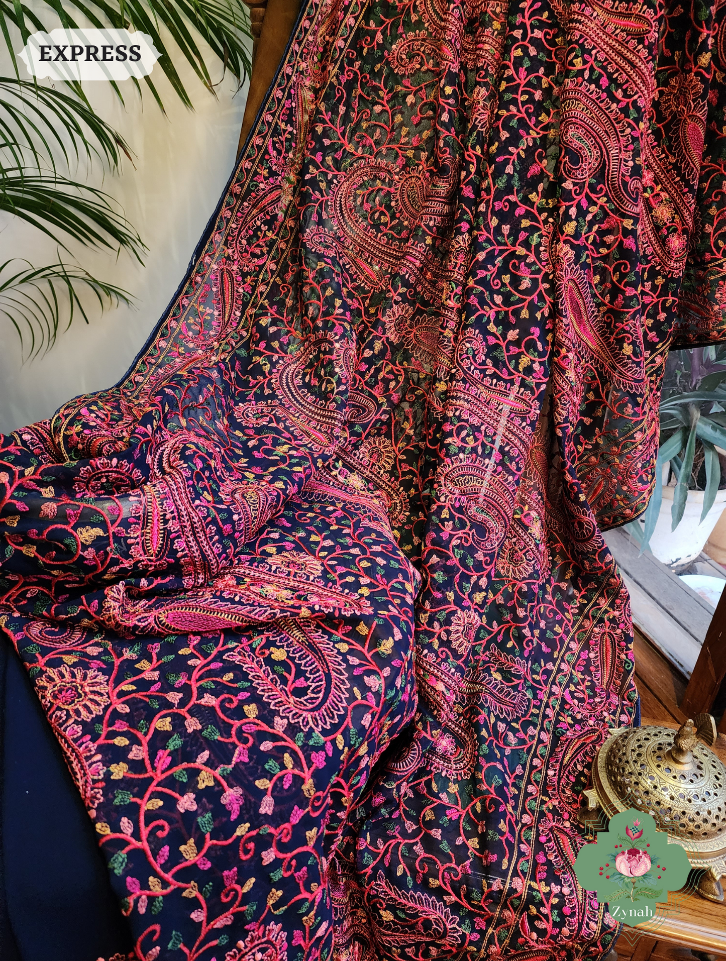 Blue Georgette Saree With Kashida Inspired Embroidery 3