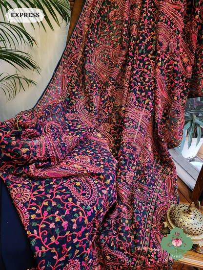 Blue Georgette Saree With Kashida Inspired Embroidery 3