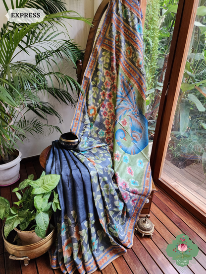 Zynah Blue Hand-Painted Tussar Silk Kalamkari Saree With Kutch Hand Embroidery; Custom Stitched/Ready-made Blouse, Fall, Petticoat; SKU: 2805202503