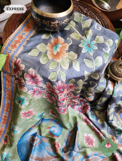 Zynah Blue Hand-Painted Tussar Silk Kalamkari Saree With Kutch Hand Embroidery; Custom Stitched/Ready-made Blouse, Fall, Petticoat; SKU: 2805202503