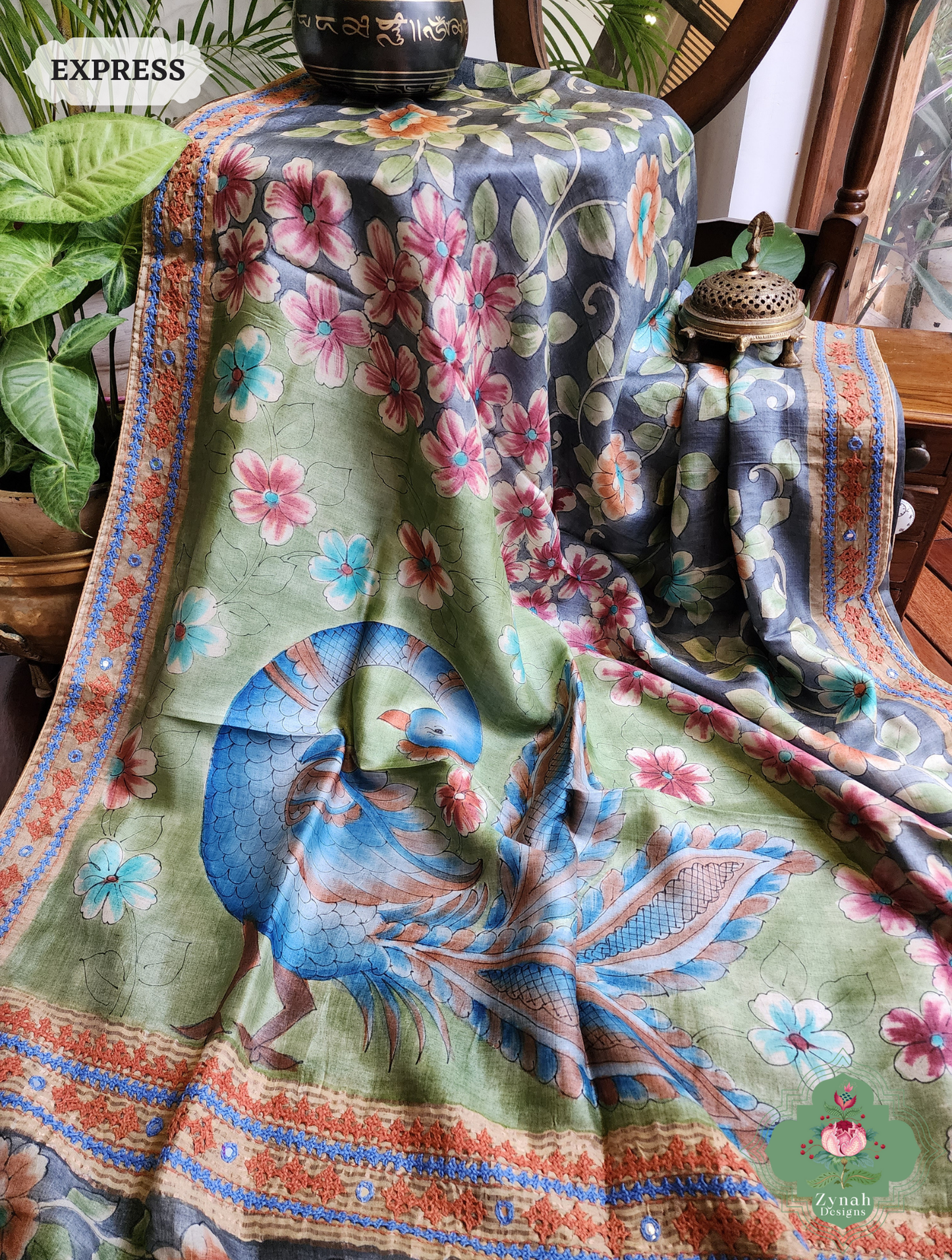Zynah Blue Hand-Painted Tussar Silk Kalamkari Saree With Kutch Hand Embroidery; Custom Stitched/Ready-made Blouse, Fall, Petticoat; SKU: 2805202503