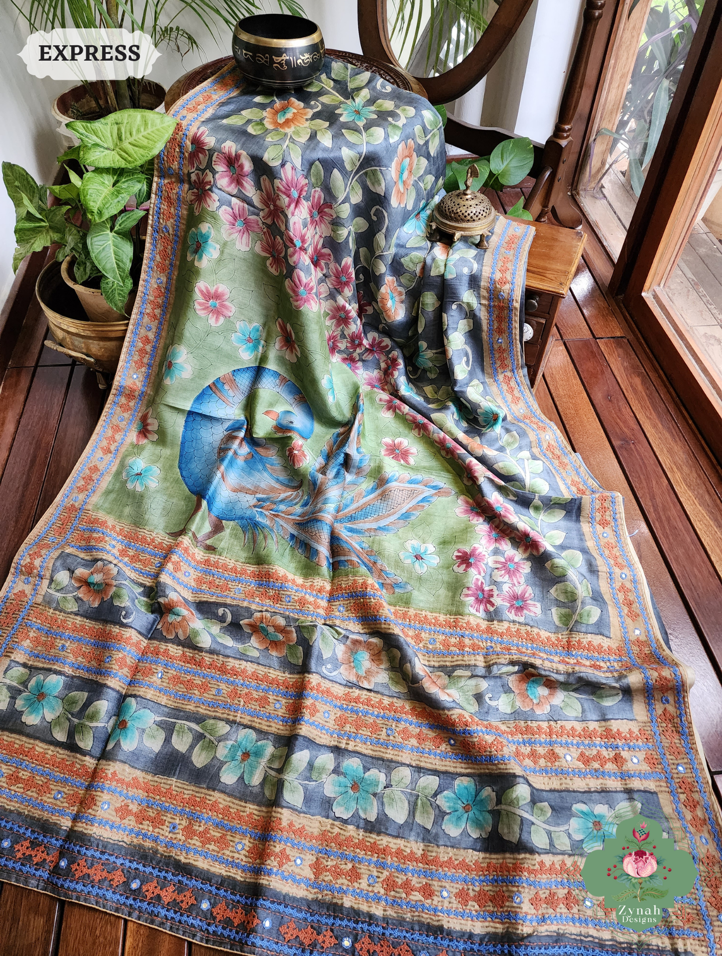 Zynah Blue Hand-Painted Tussar Silk Kalamkari Saree With Kutch Hand Embroidery; Custom Stitched/Ready-made Blouse, Fall, Petticoat; SKU: 2805202503