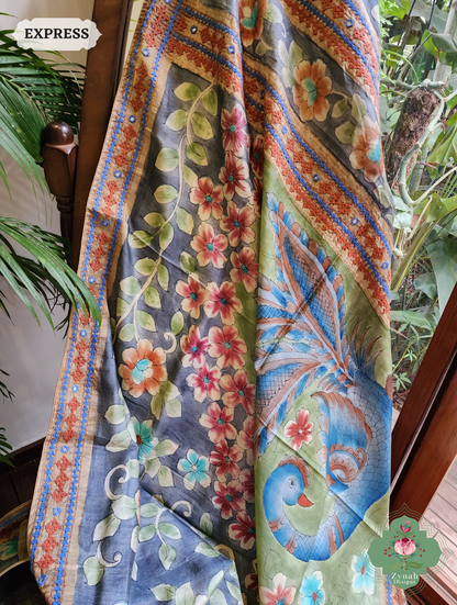 Zynah Blue Hand-Painted Tussar Silk Kalamkari Saree With Kutch Hand Embroidery; Custom Stitched/Ready-made Blouse, Fall, Petticoat; SKU: 2805202503