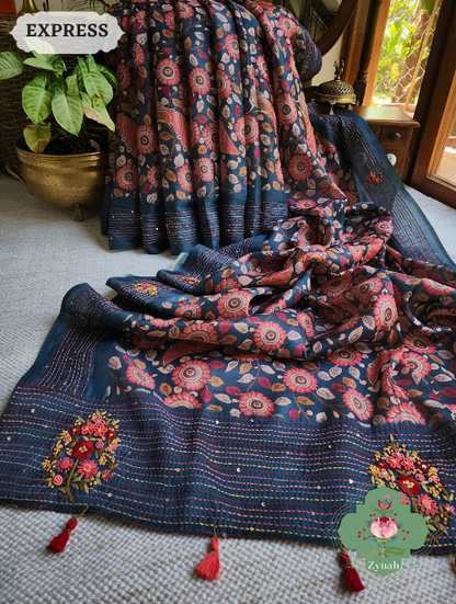 Zynah Blue Jute Tussar Kalamkari Saree, Frenchknot Motifs & Kantha Hand Embroidery at Pallu & Border & Sequins; Custom Stitched/Ready-made Blouse, Fall, Petticoat; SKU: 0805202305