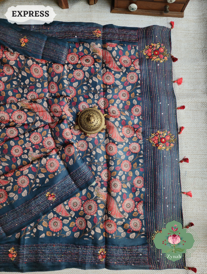 Zynah Blue Jute Tussar Kalamkari Saree, Frenchknot Motifs & Kantha Hand Embroidery at Pallu & Border & Sequins; Custom Stitched/Ready-made Blouse, Fall, Petticoat; SKU: 0805202305