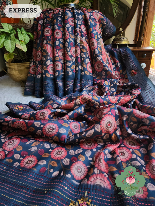 Zynah Blue Jute Tussar Kalamkari Saree, Frenchknot Motifs & Kantha Hand Embroidery at Pallu & Border & Sequins; Custom Stitched/Ready-made Blouse, Fall, Petticoat; SKU: 0805202305