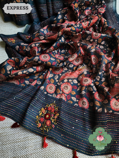 Zynah Blue Jute Tussar Kalamkari Saree, Frenchknot Motifs & Kantha Hand Embroidery at Pallu & Border & Sequins; Custom Stitched/Ready-made Blouse, Fall, Petticoat; SKU: 0805202305