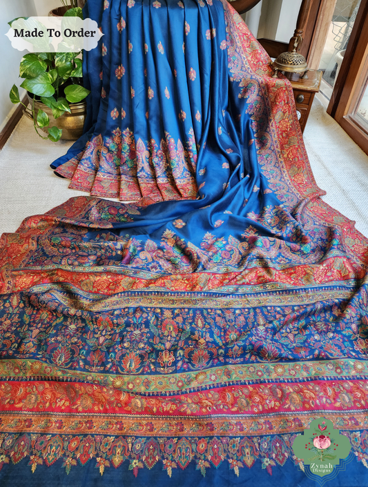 Zynah Made To Order Blue Kashmiri Pure Kani Silk Jamavar Saree; Custom Stitched/Ready-made Blouse, Fall, Petticoat; SKU: 0703202507
