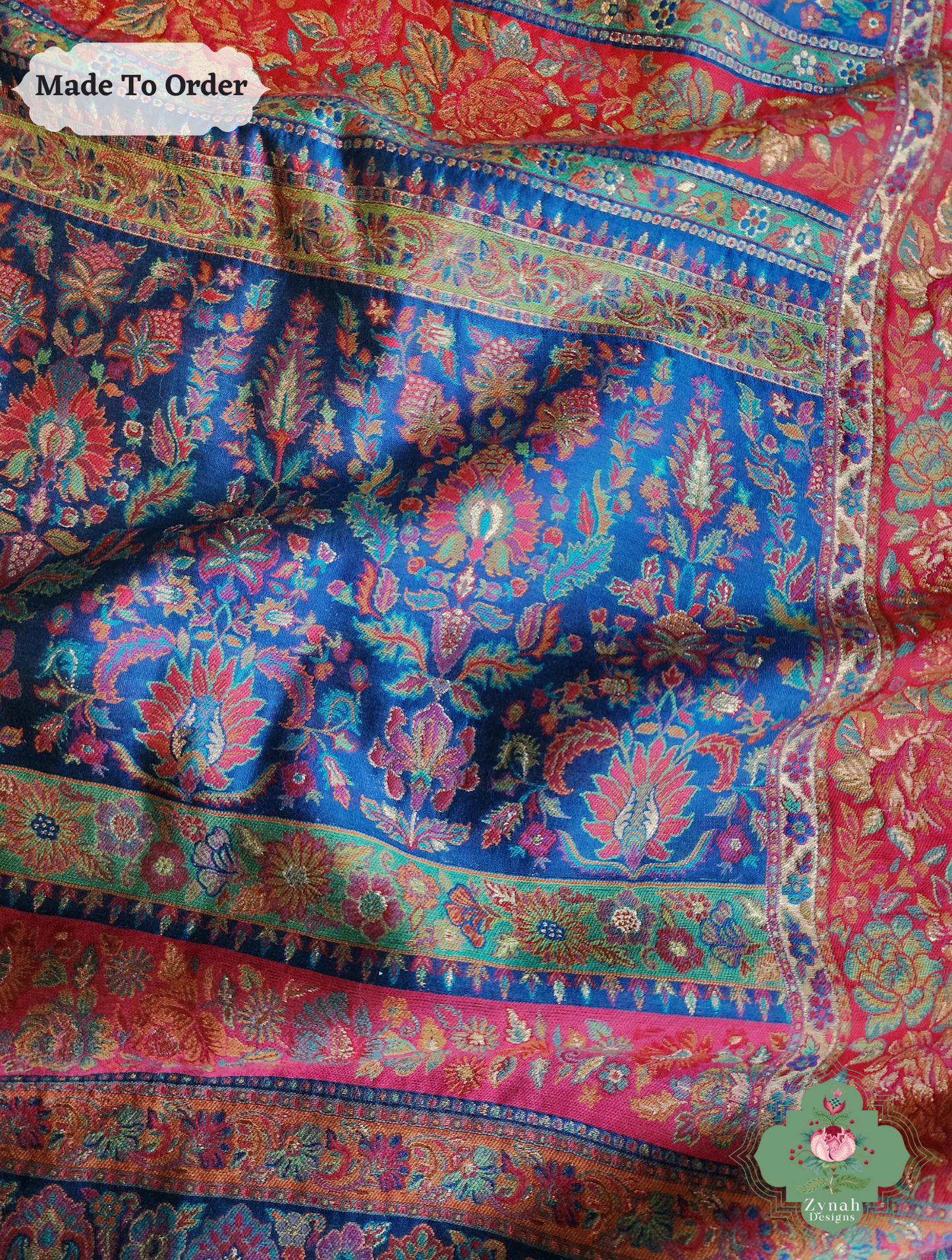 Zynah Made To Order Blue Kashmiri Pure Kani Silk Jamavar Saree; Custom Stitched/Ready-made Blouse, Fall, Petticoat; SKU: 0703202507