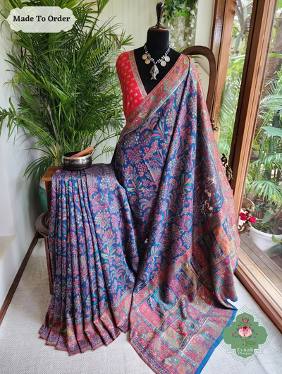 Zynah Made To Order Blue Handwoven Kashmiri Pure Kani Silk Jamavar Saree; Custom Stitched/Ready-made Blouse, Fall, Petticoat; SKU: 0110202512