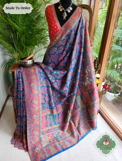 Zynah Made To Order Blue Handwoven Kashmiri Pure Kani Silk Jamavar Saree; Custom Stitched/Ready-made Blouse, Fall, Petticoat; SKU: 0110202512