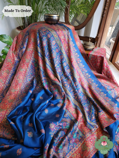 Zynah Made To Order Blue Kashmiri Pure Kani Silk Jamavar Saree; Custom Stitched/Ready-made Blouse, Fall, Petticoat; SKU: 0703202507