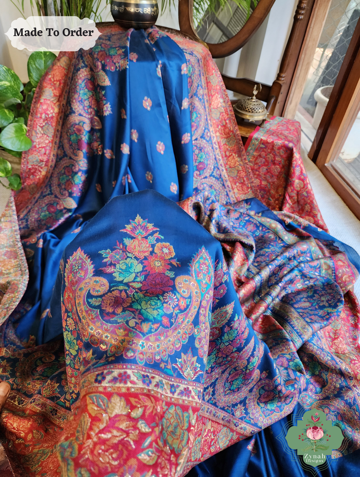 Zynah Made To Order Blue Kashmiri Pure Kani Silk Jamavar Saree; Custom Stitched/Ready-made Blouse, Fall, Petticoat; SKU: 0703202507