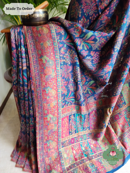 Zynah Raqs-e-Neel Blue Kashmiri Pure Kani Silk Jamavar weave Saree