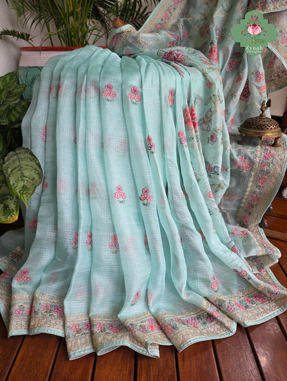 Summer Barefoot Blue Kota Tussar Silk Saree With Embroidery