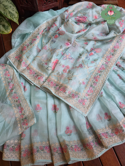 Summer Barefoot Blue Kota Tussar Silk Saree With Embroidery