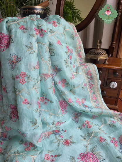 Summer Barefoot Blue Kota Tussar Silk Saree With Embroidery