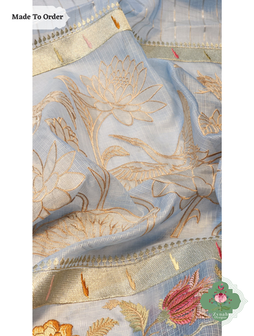 Zynah Made To Order Blue Kota Tussar Silk Saree With Embroidery; Custom Stitched/Ready-made Blouse, Fall, Petticoat; SKU: 1510202501